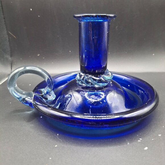 Blue Glass Artisan Candlestick  Whimsical Curved Handle Vintage Handblown Decor - Picture 3 of 8